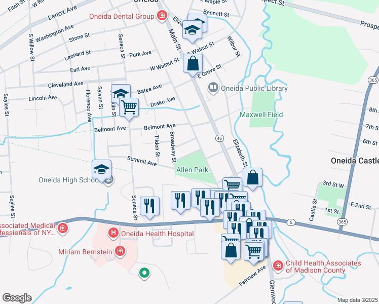 map of restaurants, bars, coffee shops, grocery stores, and more near 214 Allen Park Place in Oneida