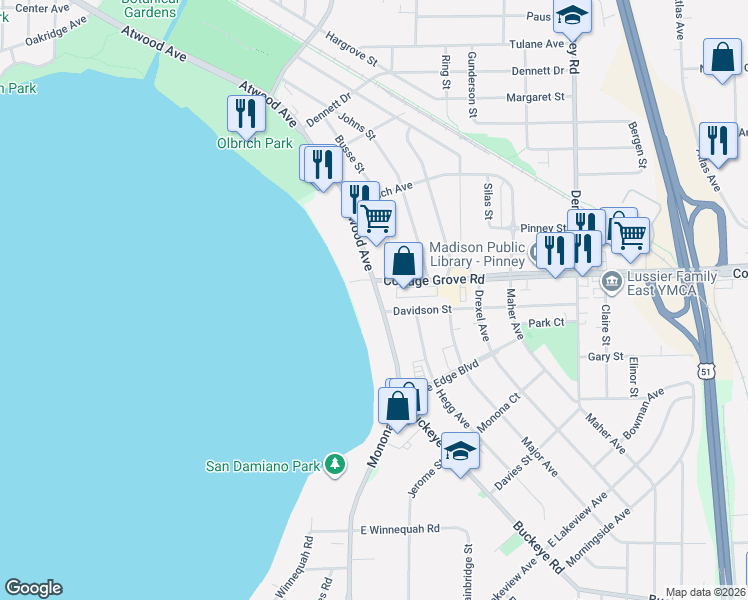 map of restaurants, bars, coffee shops, grocery stores, and more near 3939 Monona Drive in Monona