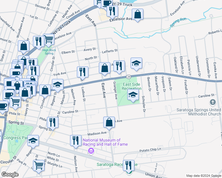 map of restaurants, bars, coffee shops, grocery stores, and more near 31 Jumel Place in Saratoga Springs