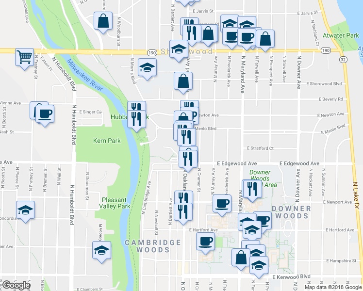 map of restaurants, bars, coffee shops, grocery stores, and more near 1700 East River Park Court in Shorewood