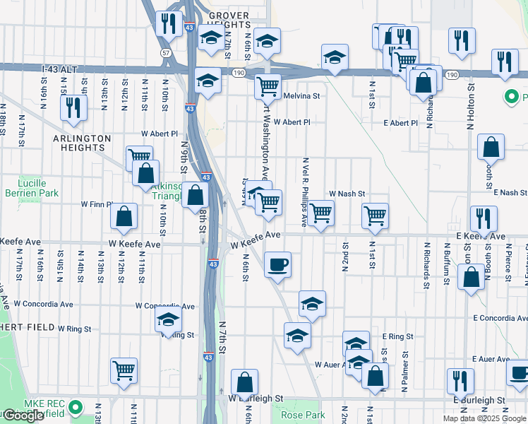 map of restaurants, bars, coffee shops, grocery stores, and more near 3601 North Port Washington Avenue in Milwaukee