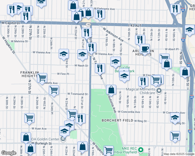 map of restaurants, bars, coffee shops, grocery stores, and more near 1945-1947 West Finn Place in Milwaukee