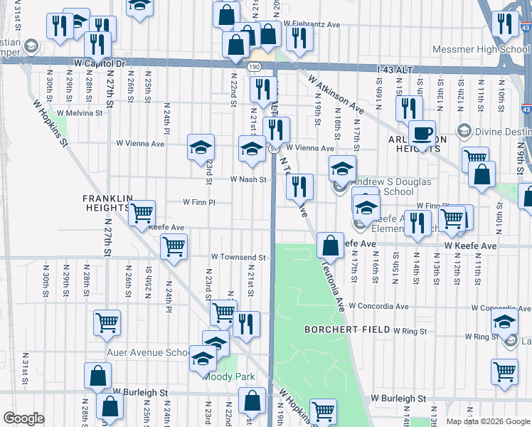 map of restaurants, bars, coffee shops, grocery stores, and more near 3525 North 20th Street in Milwaukee