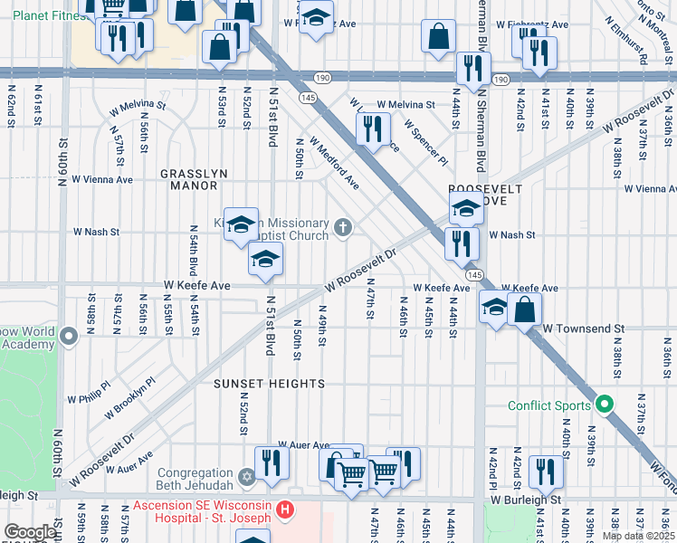 map of restaurants, bars, coffee shops, grocery stores, and more near 3504 North 48th Street in Milwaukee