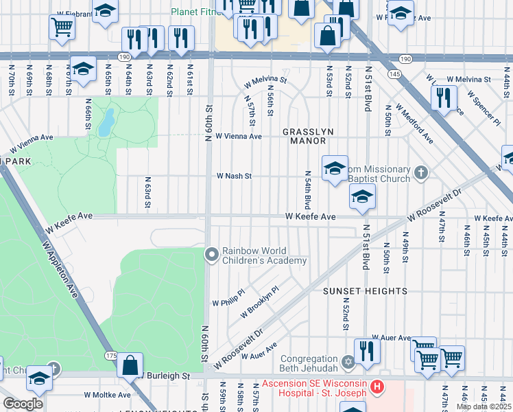 map of restaurants, bars, coffee shops, grocery stores, and more near 3510 North 57th Street in Milwaukee