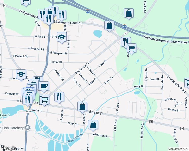 map of restaurants, bars, coffee shops, grocery stores, and more near 731 Reed Street in Lake Mills