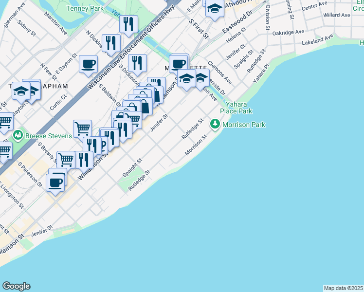 map of restaurants, bars, coffee shops, grocery stores, and more near 1344 Morrison Street in Madison