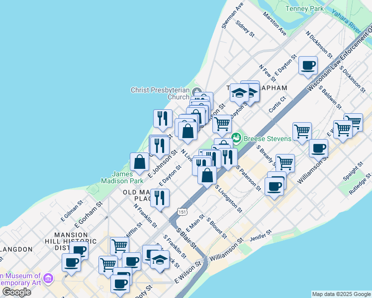 map of restaurants, bars, coffee shops, grocery stores, and more near 215 North Livingston Street in Madison