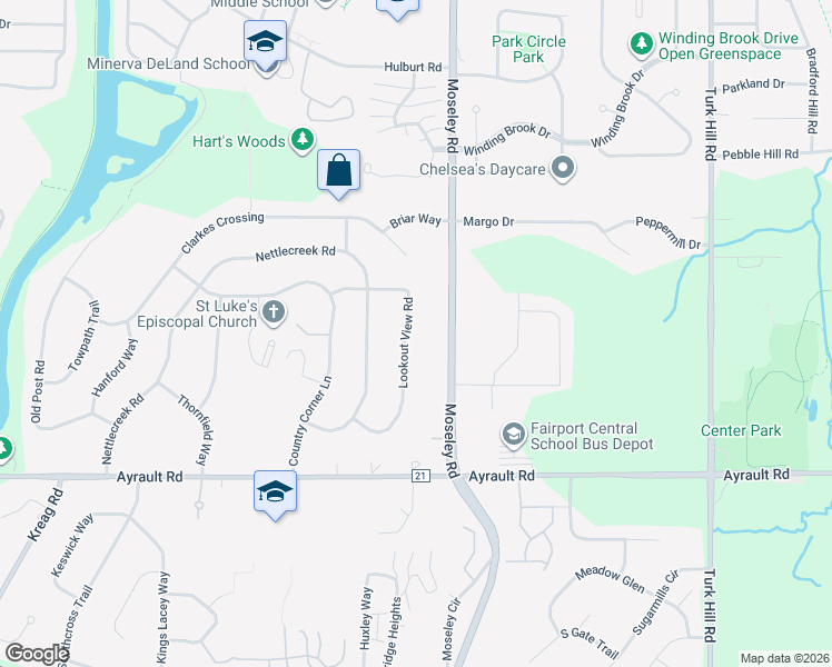 map of restaurants, bars, coffee shops, grocery stores, and more near 34 Lookout View Road in Fairport