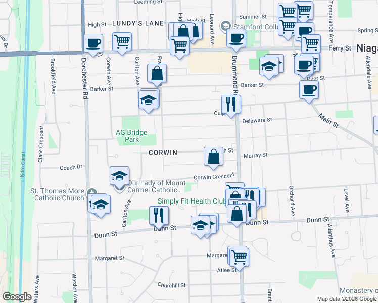 map of restaurants, bars, coffee shops, grocery stores, and more near Ash Street in Niagara Falls