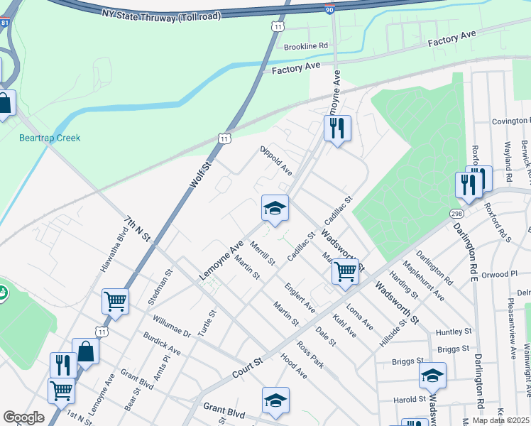 map of restaurants, bars, coffee shops, grocery stores, and more near 1545 Lemoyne Avenue in Syracuse