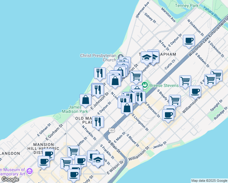 map of restaurants, bars, coffee shops, grocery stores, and more near 215 North Livingston Street in Madison