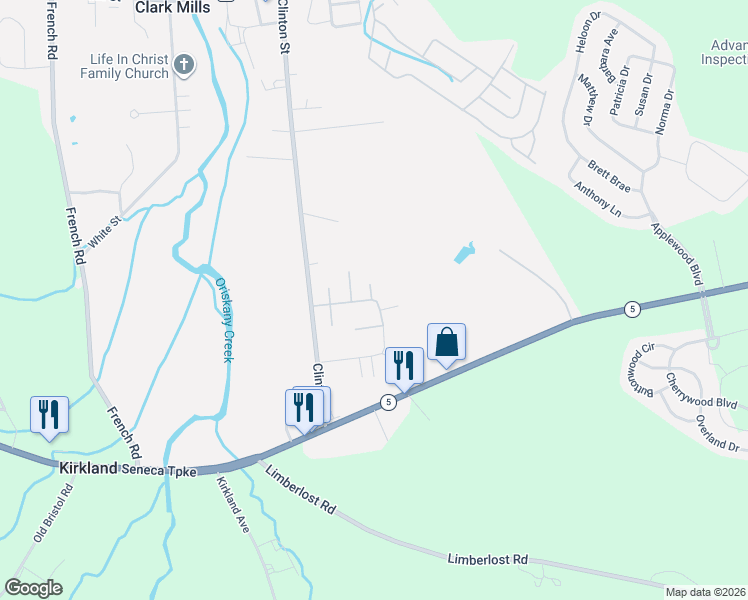 map of restaurants, bars, coffee shops, grocery stores, and more near 122 Pheasants Run in Clark Mills