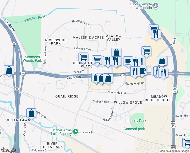 map of restaurants, bars, coffee shops, grocery stores, and more near 1228 Capitol Drive in Pewaukee