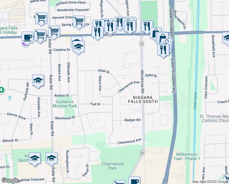 map of restaurants, bars, coffee shops, grocery stores, and more near 6313 Charnwood Avenue in Niagara Falls