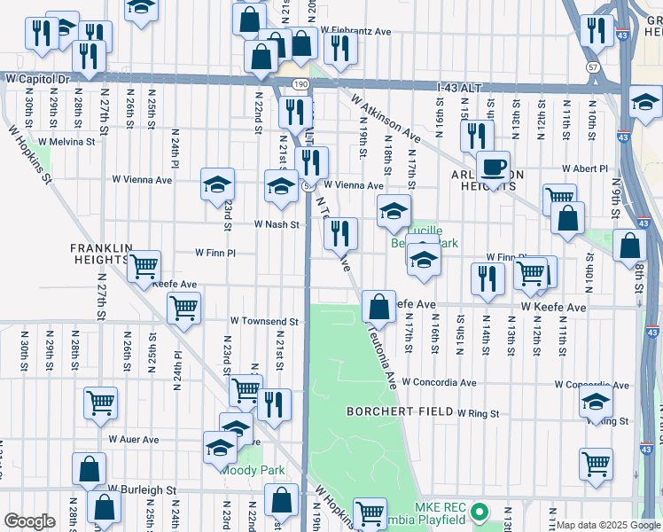 map of restaurants, bars, coffee shops, grocery stores, and more near 1945-1947 West Finn Place in Milwaukee