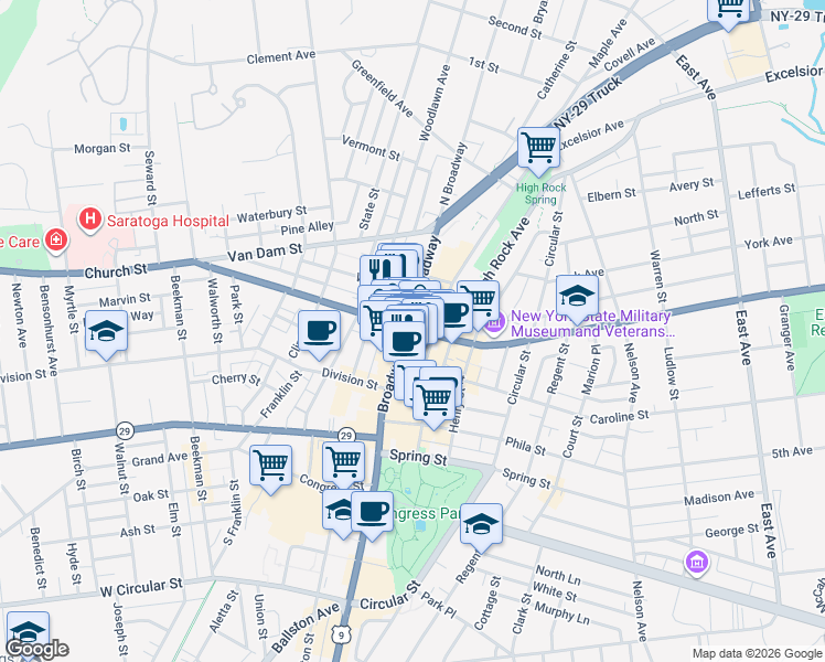 map of restaurants, bars, coffee shops, grocery stores, and more near in Saratoga Springs
