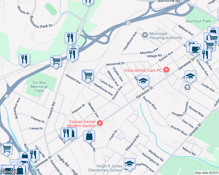 map of restaurants, bars, coffee shops, grocery stores, and more near 109 Lynch Avenue in Utica