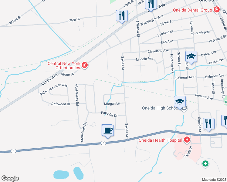 map of restaurants, bars, coffee shops, grocery stores, and more near 104 Morgan Ln in Oneida
