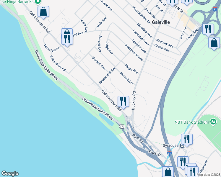 map of restaurants, bars, coffee shops, grocery stores, and more near 150 Old Liverpool Road in Salina