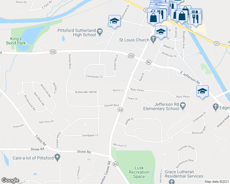 map of restaurants, bars, coffee shops, grocery stores, and more near 6 Spruce Lane in Pittsford