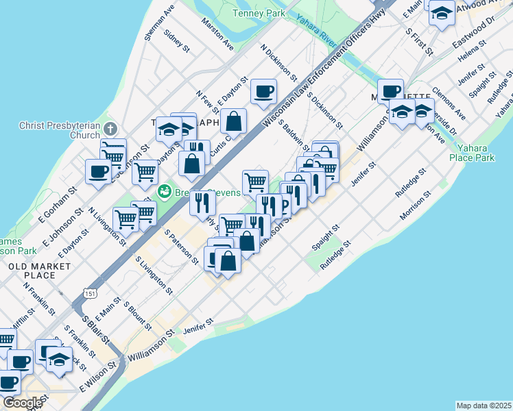 map of restaurants, bars, coffee shops, grocery stores, and more near 202 South Ingersoll Street in Madison