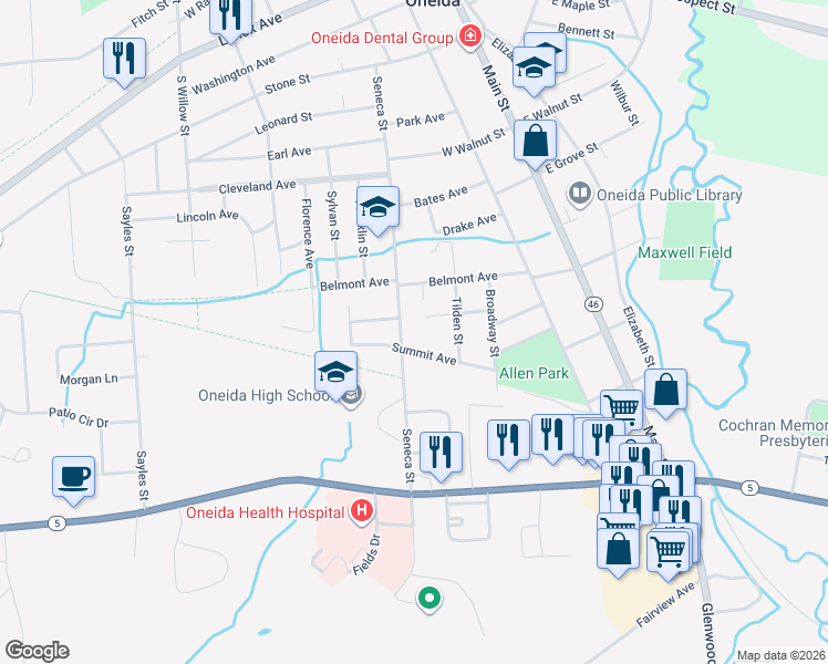map of restaurants, bars, coffee shops, grocery stores, and more near 531 Seneca St in Oneida