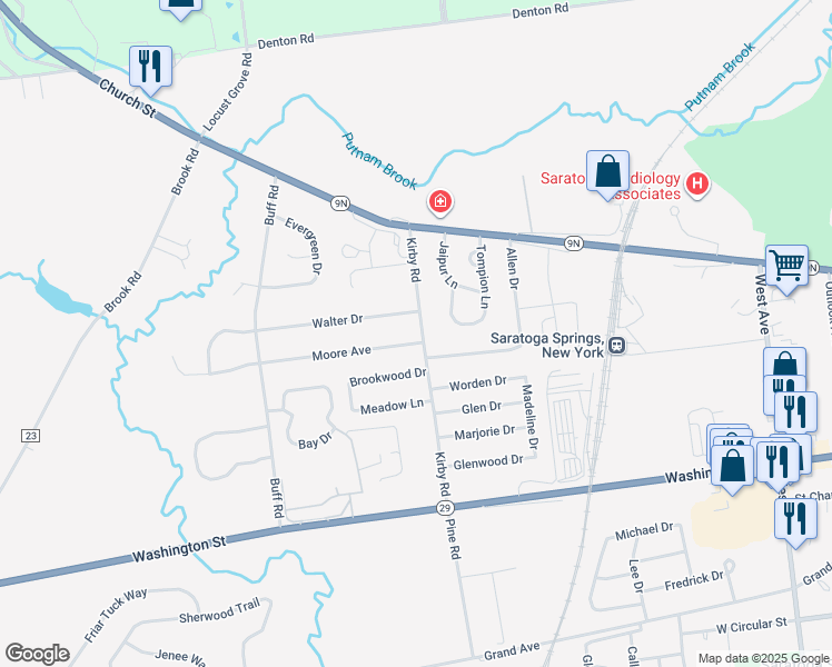 map of restaurants, bars, coffee shops, grocery stores, and more near 21 Kirby Road in Saratoga Springs