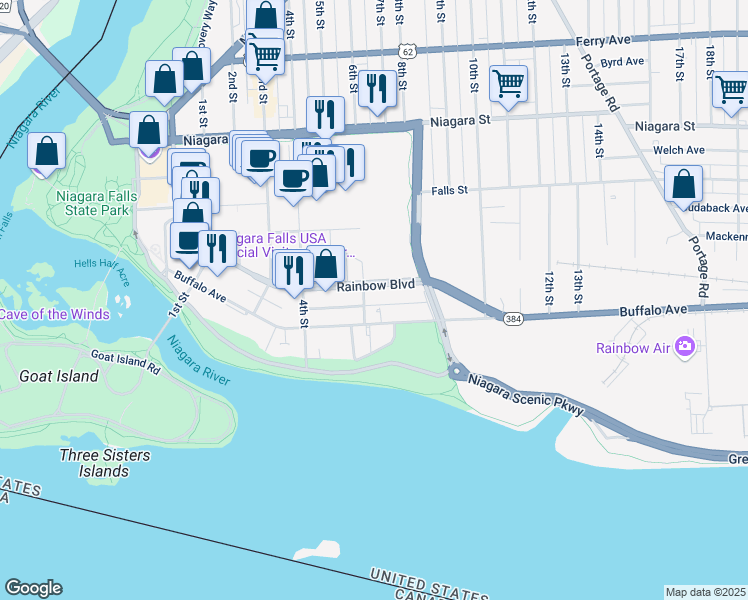 map of restaurants, bars, coffee shops, grocery stores, and more near 121 6th Street in Niagara Falls