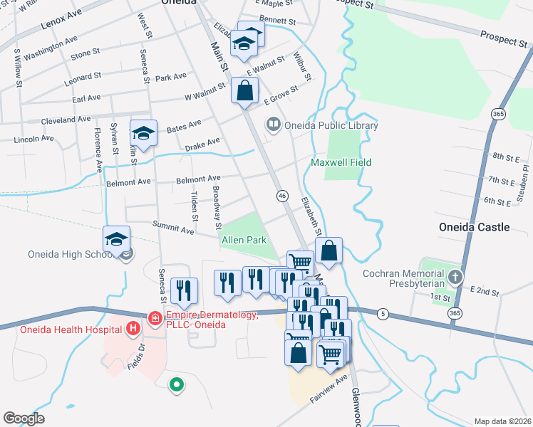 map of restaurants, bars, coffee shops, grocery stores, and more near 547 Broad St in Oneida