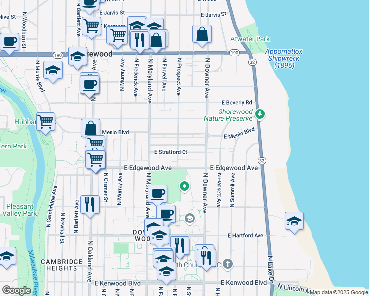 map of restaurants, bars, coffee shops, grocery stores, and more near in Whitefish Bay
