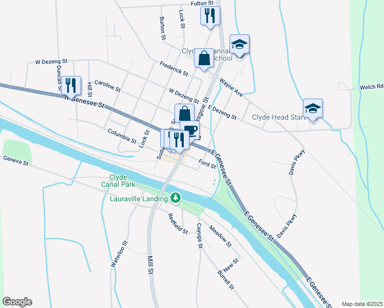 map of restaurants, bars, coffee shops, grocery stores, and more near 12 Ford St in Clyde