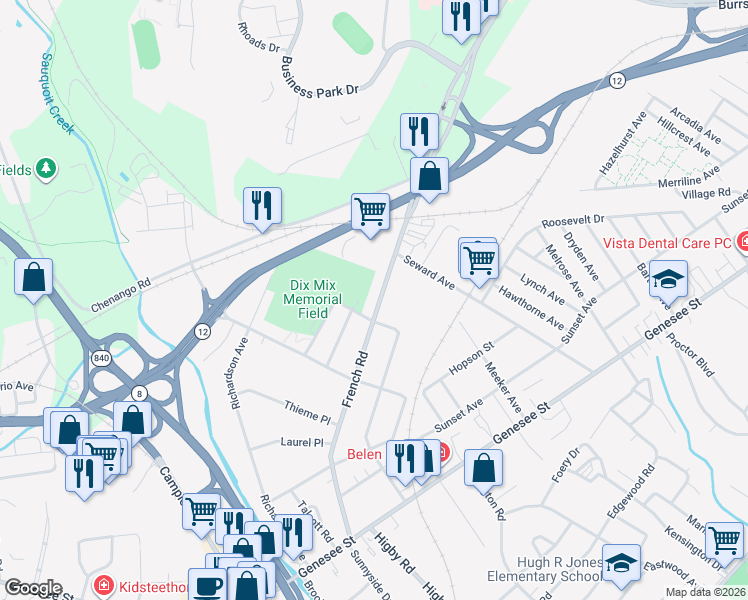 map of restaurants, bars, coffee shops, grocery stores, and more near 433 French Road in Utica