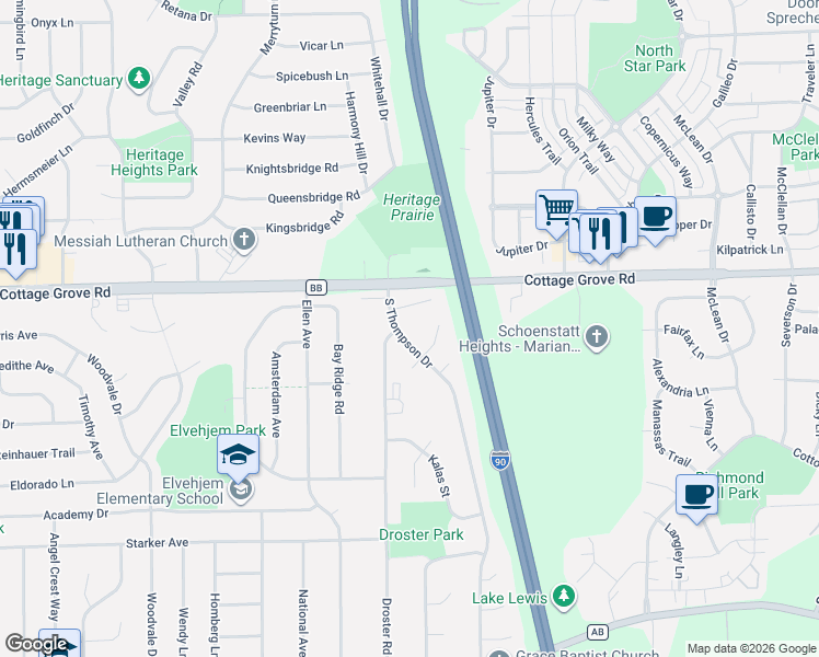 map of restaurants, bars, coffee shops, grocery stores, and more near 1101 South Thompson Drive in Madison