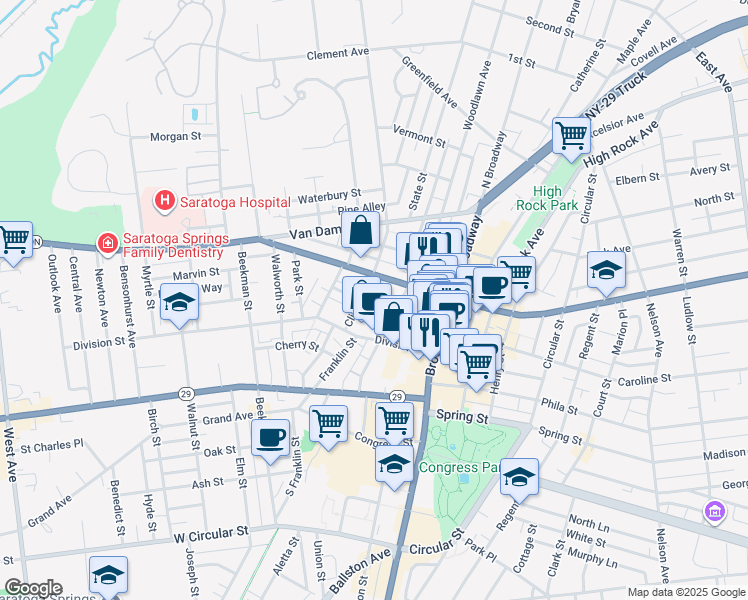 map of restaurants, bars, coffee shops, grocery stores, and more near 28 Clinton Street in Saratoga Springs