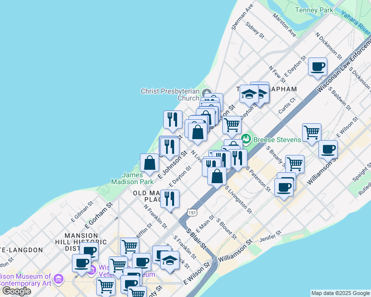 map of restaurants, bars, coffee shops, grocery stores, and more near 302 North Livingston Street in Madison