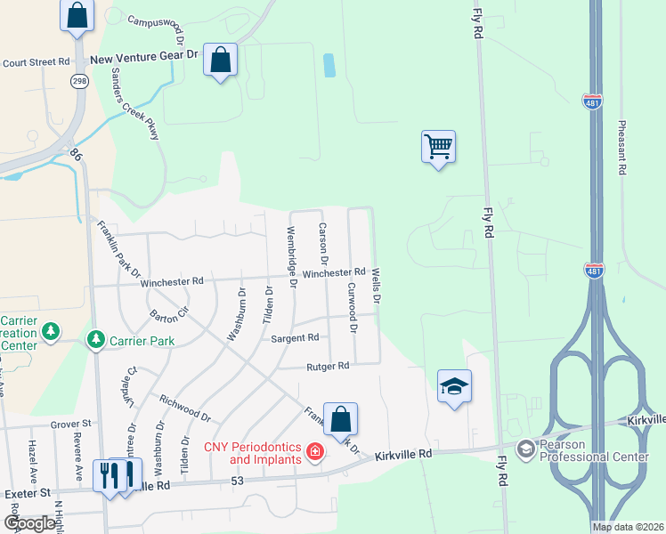 map of restaurants, bars, coffee shops, grocery stores, and more near 6443 Winchester Road in East Syracuse