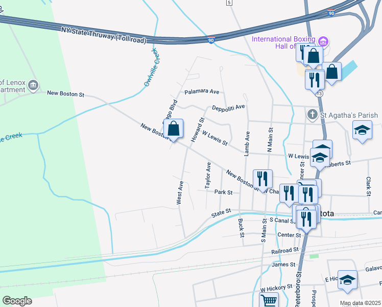 map of restaurants, bars, coffee shops, grocery stores, and more near 419 New Boston Street in Canastota