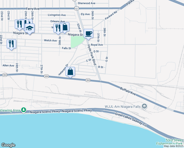 map of restaurants, bars, coffee shops, grocery stores, and more near 20 A Street in Niagara Falls