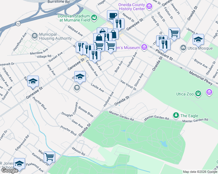 map of restaurants, bars, coffee shops, grocery stores, and more near 85 Emerson Avenue in Utica