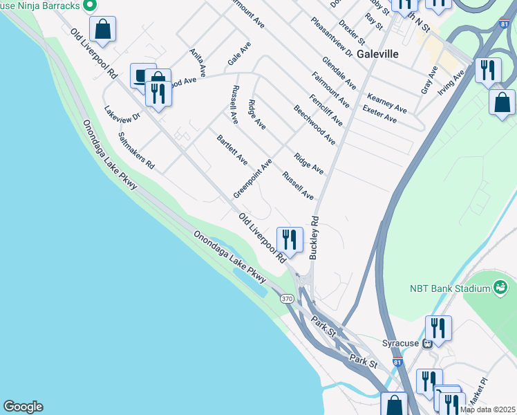 map of restaurants, bars, coffee shops, grocery stores, and more near 150 Old Liverpool Road in Salina
