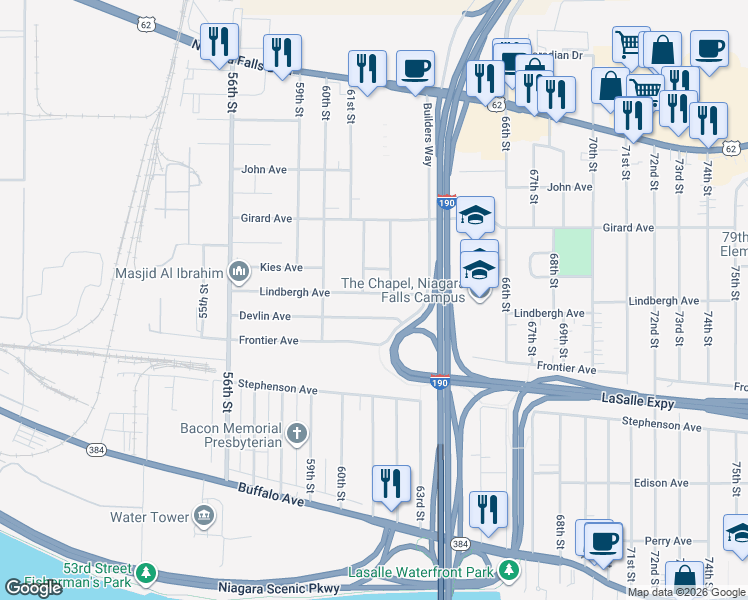 map of restaurants, bars, coffee shops, grocery stores, and more near 6032 Devlin Avenue in Niagara Falls