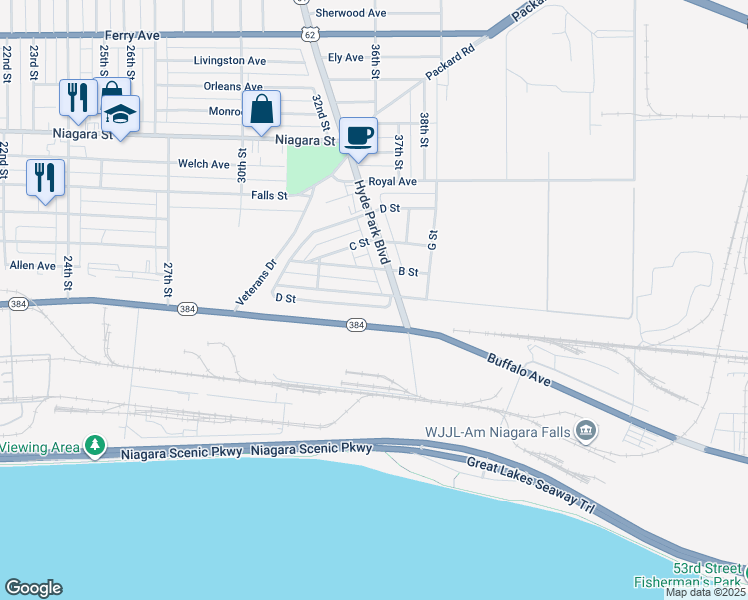 map of restaurants, bars, coffee shops, grocery stores, and more near 20 A Street in Niagara Falls