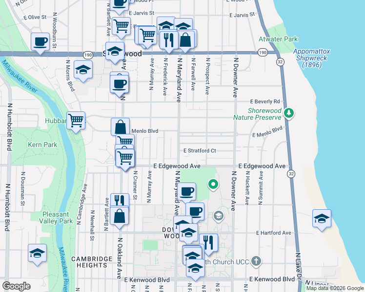 map of restaurants, bars, coffee shops, grocery stores, and more near 2206 East Stratford Court in Milwaukee