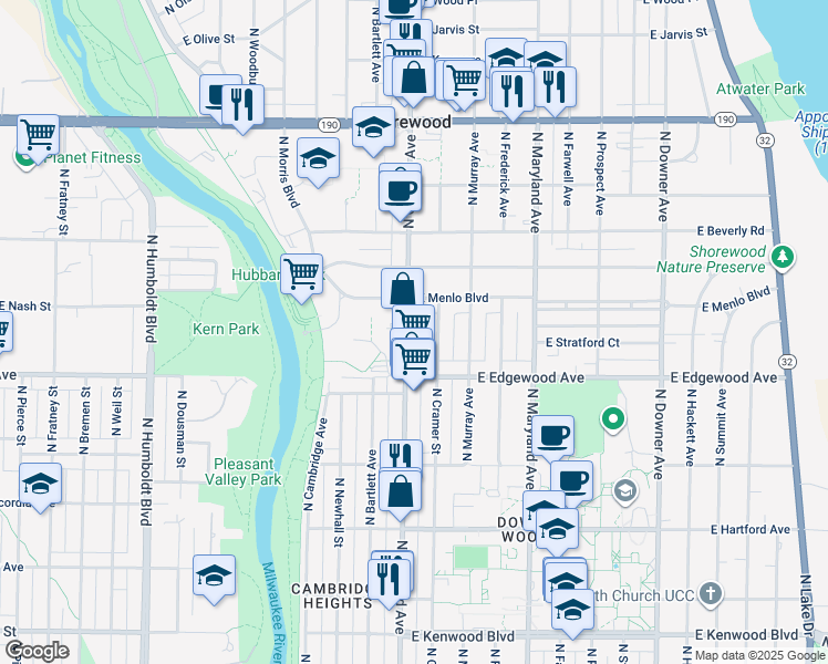 map of restaurants, bars, coffee shops, grocery stores, and more near 1700 East River Park Court in Shorewood