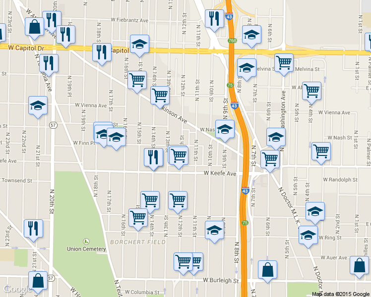 map of restaurants, bars, coffee shops, grocery stores, and more near 3556 North 12th Street in Milwaukee