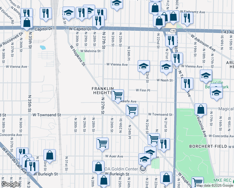 map of restaurants, bars, coffee shops, grocery stores, and more near 3521 North 25th Street in Milwaukee