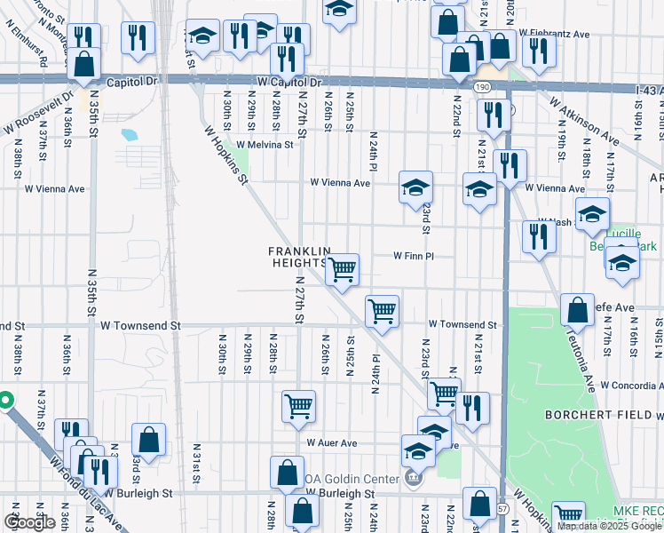 map of restaurants, bars, coffee shops, grocery stores, and more near 3521 North 25th Street in Milwaukee