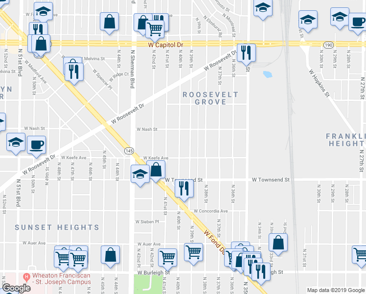 map of restaurants, bars, coffee shops, grocery stores, and more near 3518 North 40th Street in Milwaukee