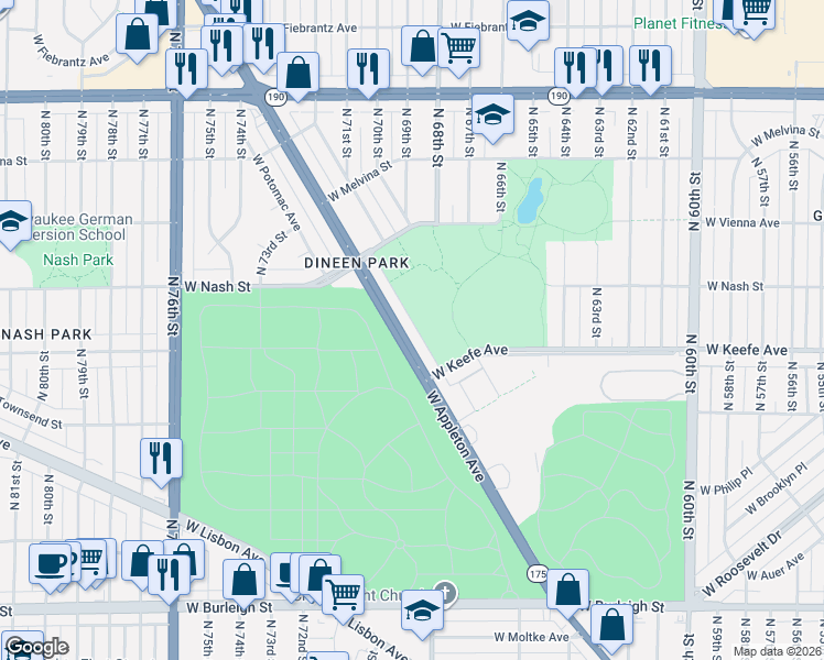 map of restaurants, bars, coffee shops, grocery stores, and more near 6860 West Appleton Avenue in Milwaukee